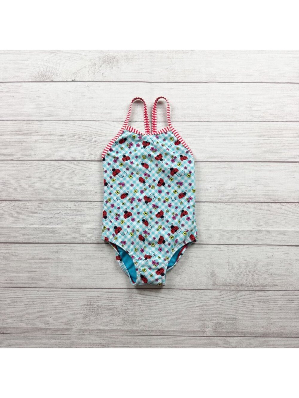 Dolfin Girls Ladybug Print OnenPiece Swimsuit Red Striped Trim 6X